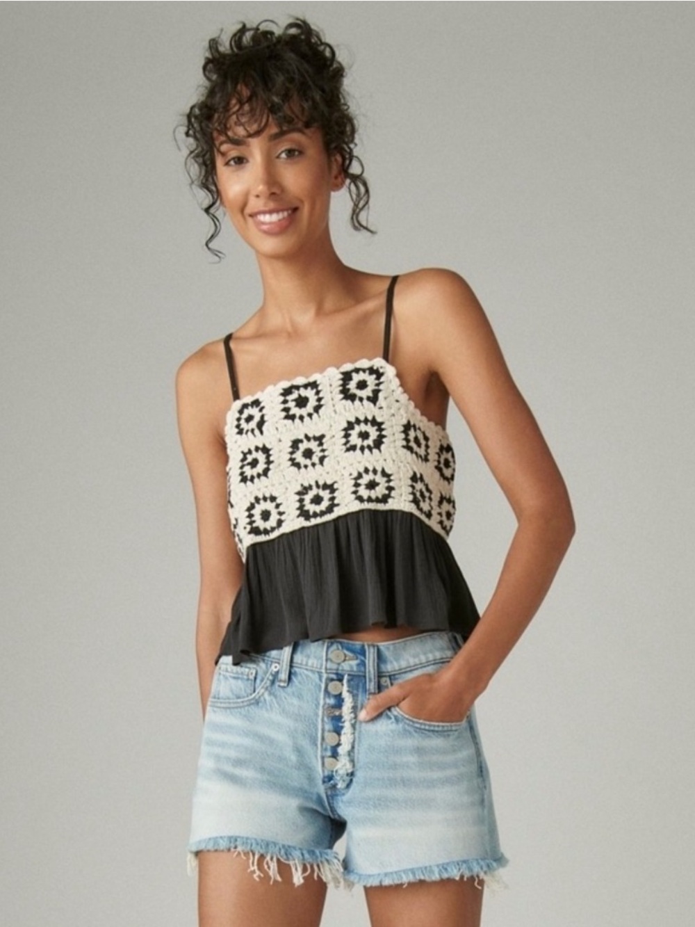 NWT Lucky Brand Black and Beige Crochet Babydoll Tank Top Size M